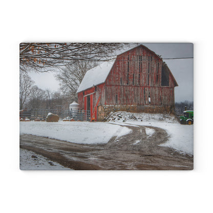 U R There Photography Marathon Road Red in Winter Rustic Farmhouse Tempered-Glass Cutting Board