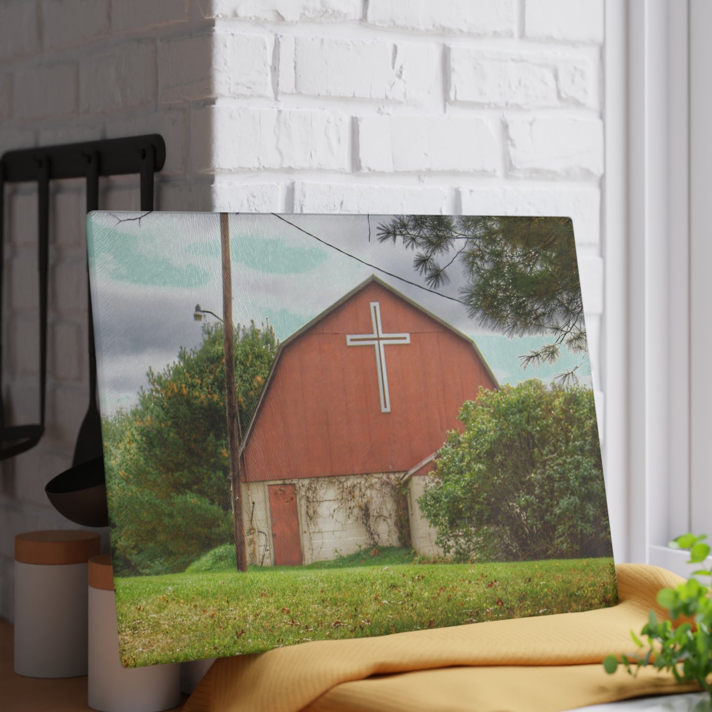 U R There Photography Flint River Road Cross Barn Rustic Farmhouse Tempered-Glass Cutting Board