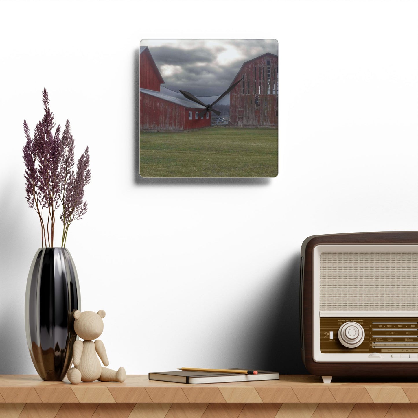 U R There Photography Church Road Reds Rustic Farmhouse Acrylic Analog Wall Clock
