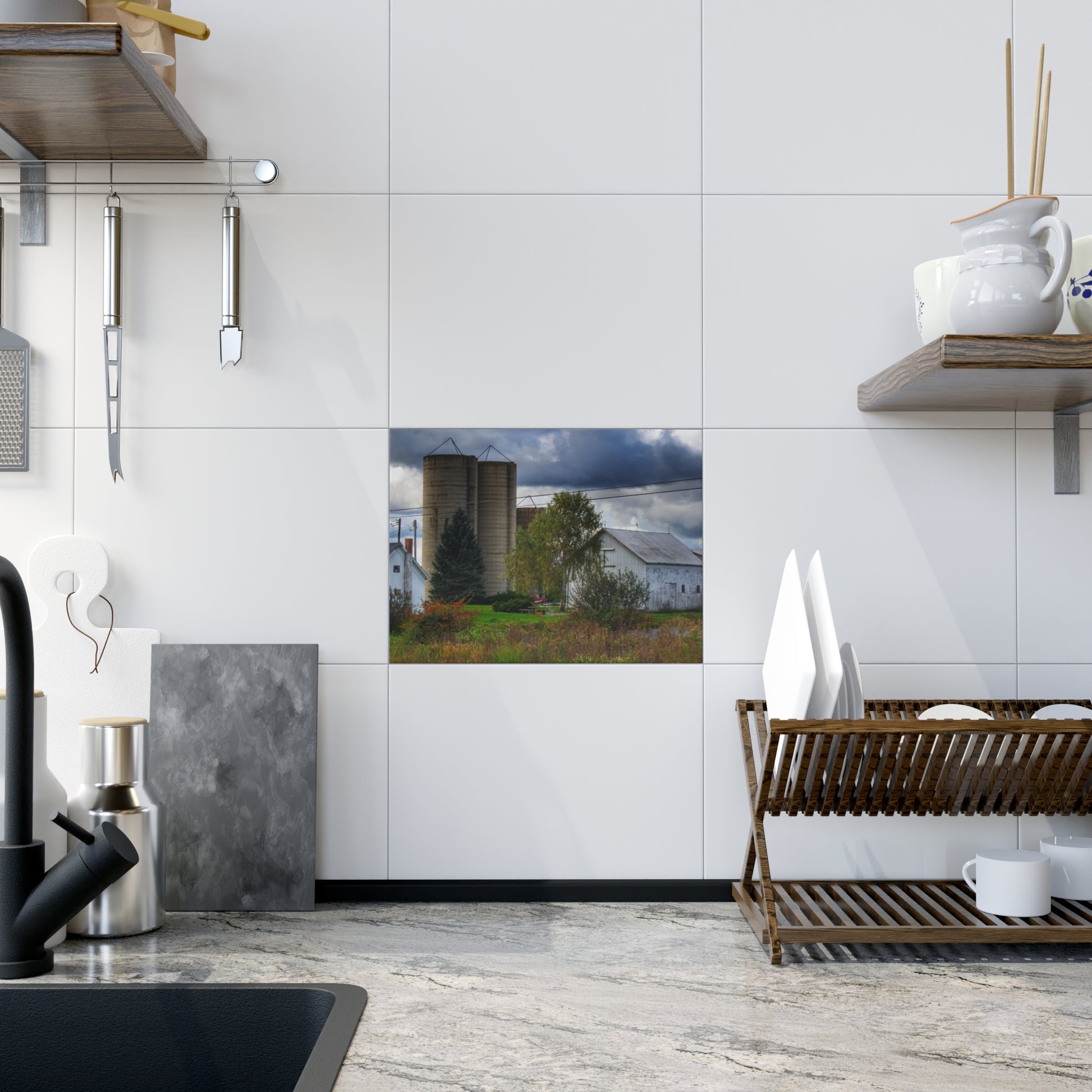 U R There Photography Baldwin White and Silos Rustic Farmhouse Decorative Ceramic Tile 6" × 8" Glossy