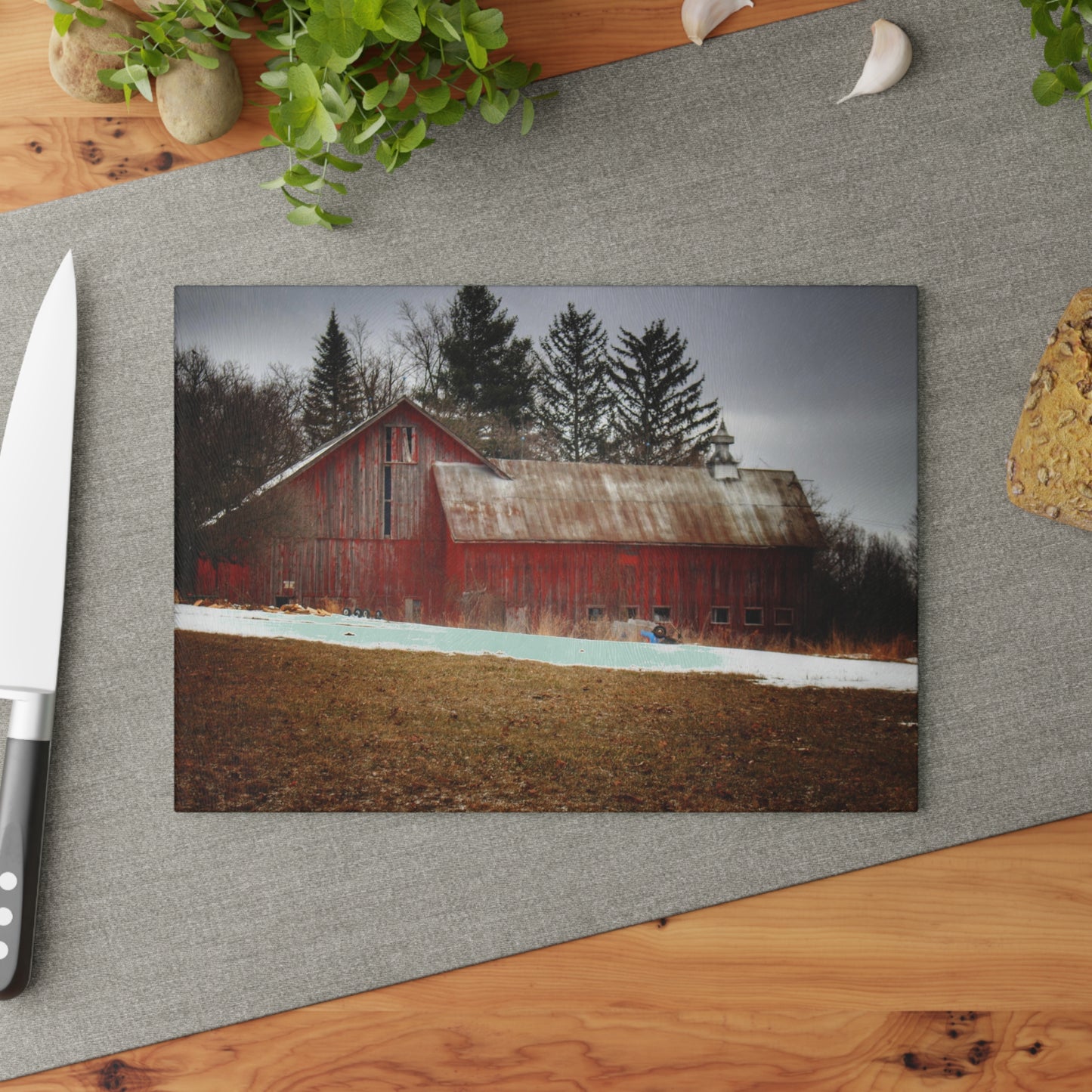 U R There Photography Blacks Corners Road Red Rustic Farmhouse Tempered-Glass Cutting Board