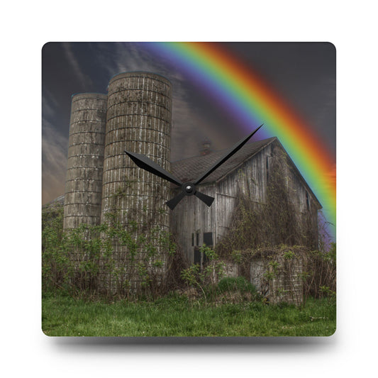 Somewhere Under the Rainbow Rustic Farmhouse Acrylic Analog Wall Clock 10.75'' × 10.75'' (Square)