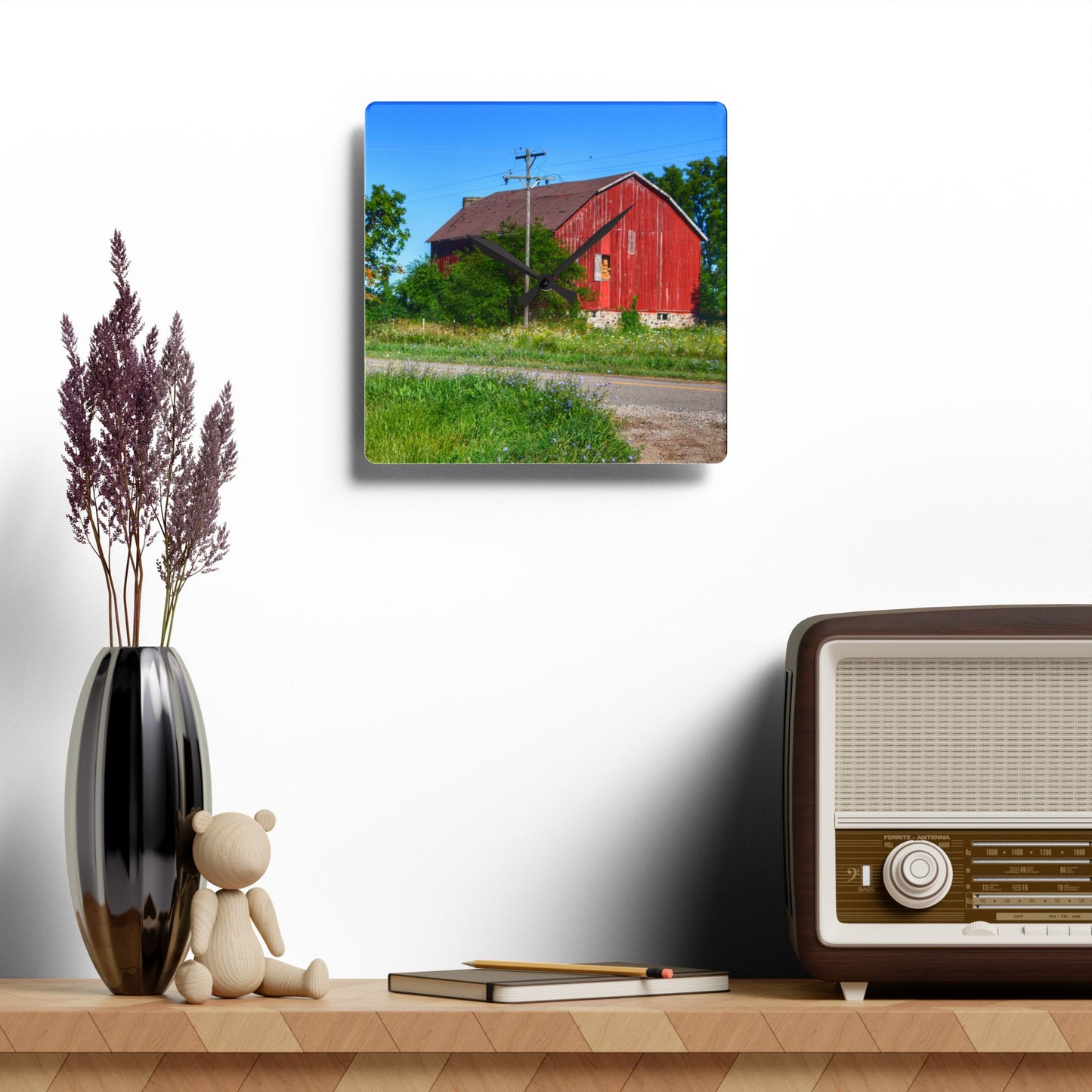 U R There Photography Armstrong Road Red II Rustic Farmhouse Acrylic Analog Wall Clock