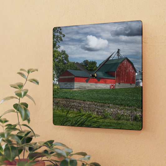 U R There Photography Haines Road Cornfield Reds Rustic Farmhouse Acrylic Analog Wall Clock