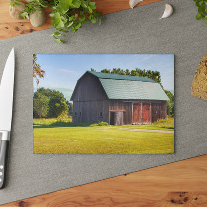 U R There Photography Red Door Barn of Mount Morris Road Rustic Farmhouse Tempered-Glass Cutting Board