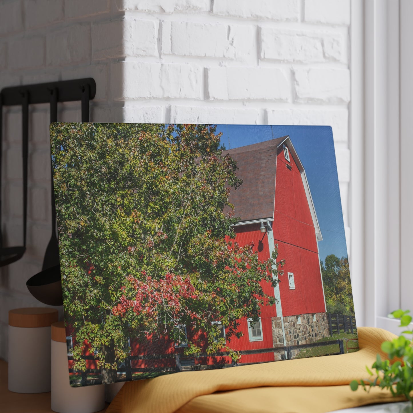 U R There Photography Oakwood Road Red Rustic Farmhouse Tempered-Glass Cutting Board