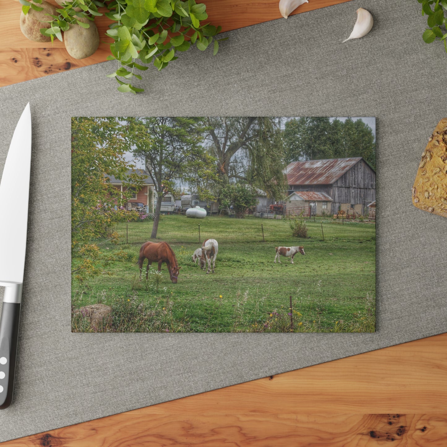 U R There Photography Front Yard Ponies Rustic Farmhouse Tempered-Glass Cutting Board