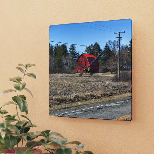 U R There Photography Maple Grove Little Red Rustic Farmhouse Acrylic Analog Wall Clock