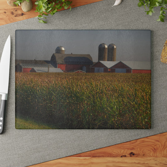 U R There Photography Slattery Road Farm and Cornfield II Rustic Farmhouse Tempered-Glass Cutting Board