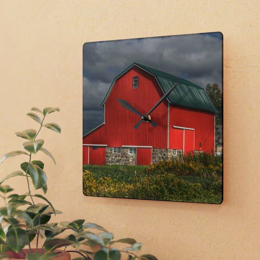 U R There Photography Valentine Road Fieldstone Red Rustic Farmhouse Acrylic Analog Wall Clock