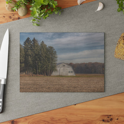 U R There Photography Grey Quonset Among the Pines Rustic Farmhouse Tempered-Glass Cutting Board
