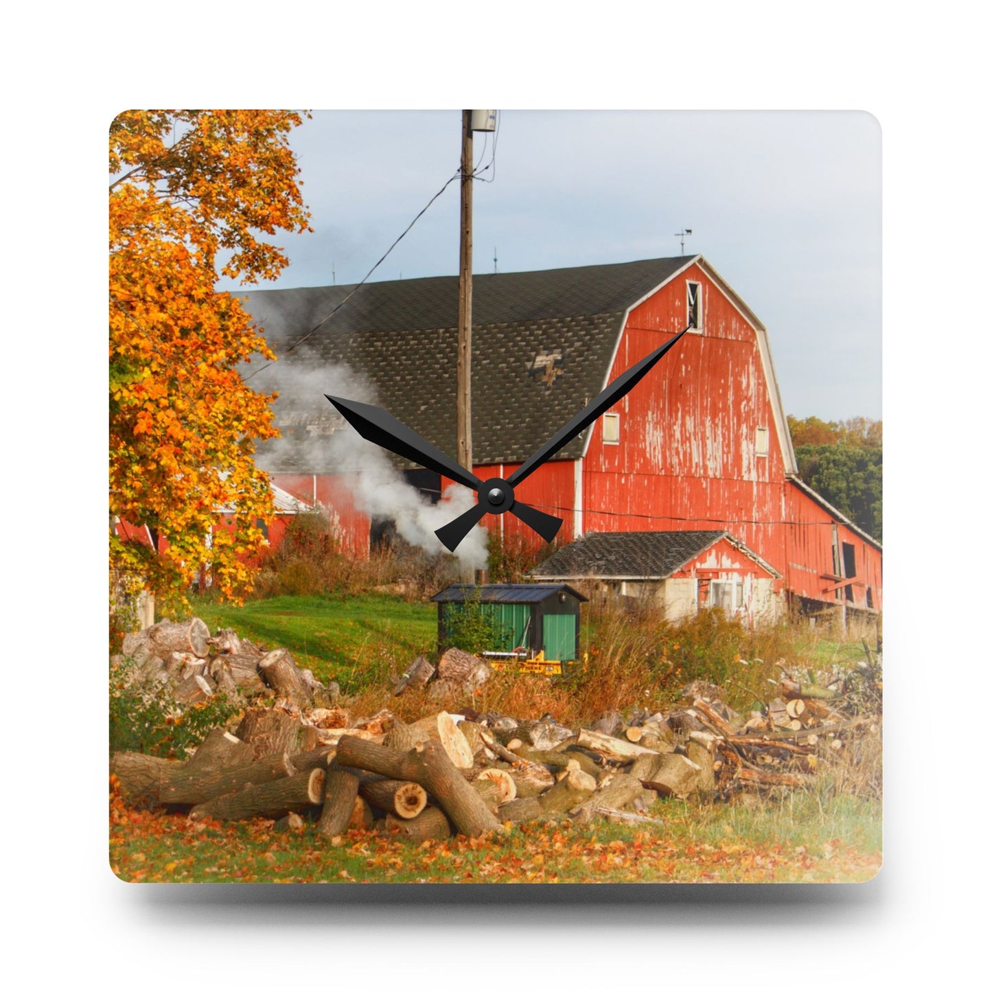 U R There Photography Greenwood Road Red in the Fall Rustic Farmhouse Acrylic Analog Wall Clock