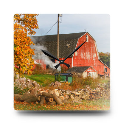 U R There Photography Greenwood Road Red in the Fall Rustic Farmhouse Acrylic Analog Wall Clock
