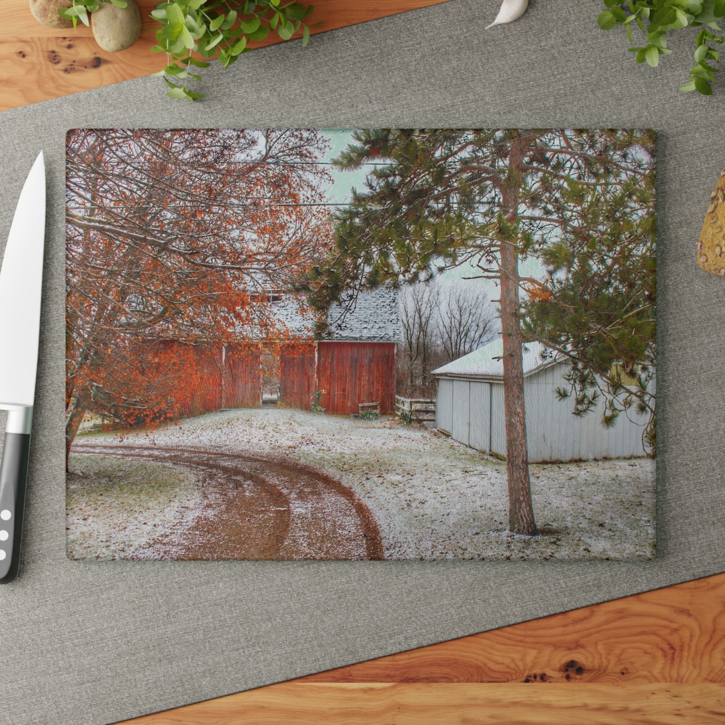 U R There Photography North Lake Pleasant Road Hidden Red Rustic Farmhouse Tempered-Glass Cutting Board