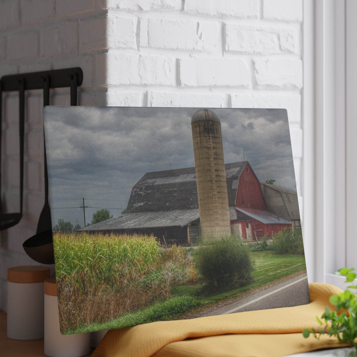 U R There Photography Lake Pleasant Road Red and Silo II Rustic Farmhouse Tempered-Glass Cutting Board