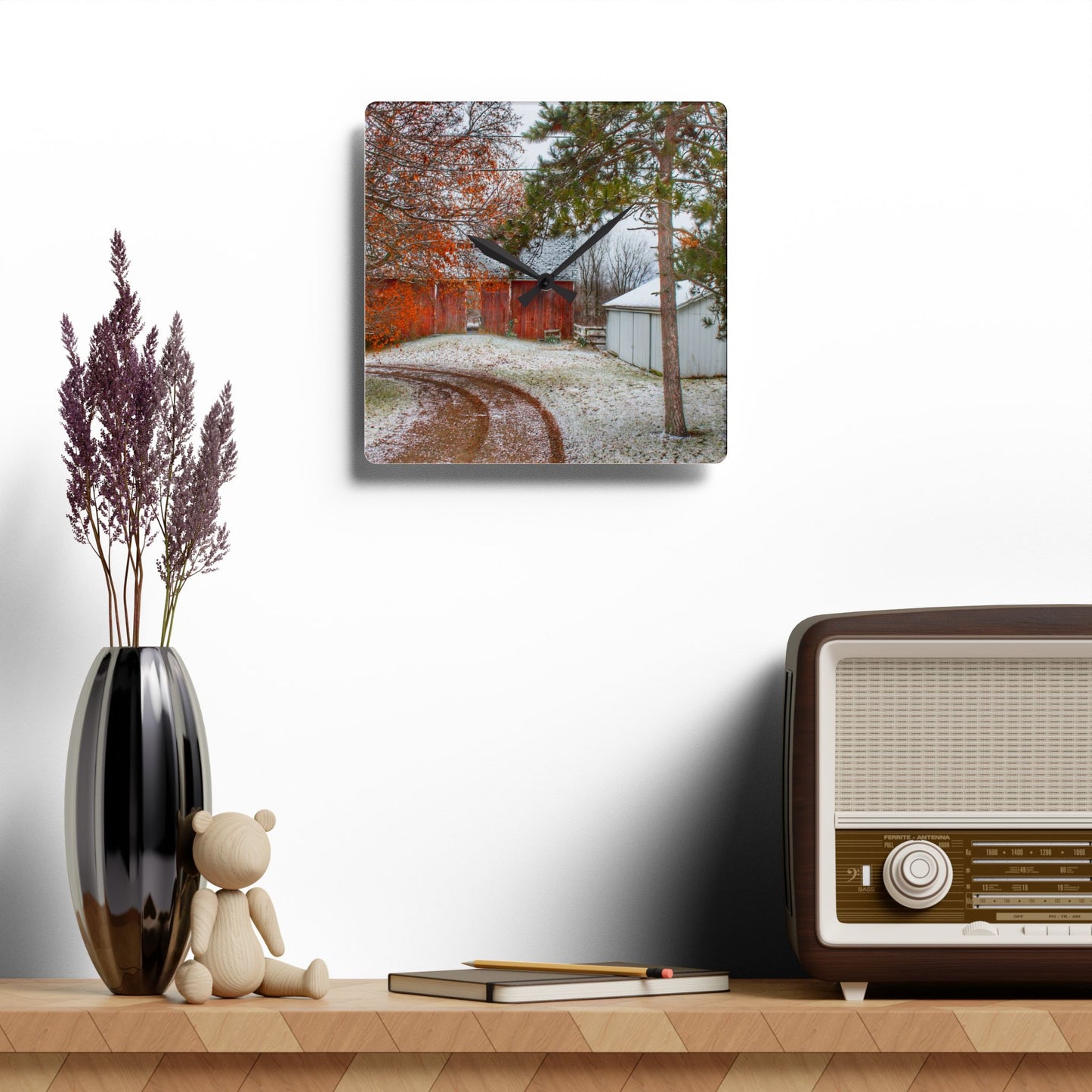 U R There Photography North Lake Pleasant Road Hidden Red Rustic Farmhouse Acrylic Analog Wall Clock