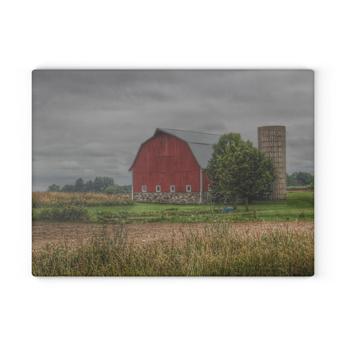 U R There Photography Clifford Road Red and Silo II Rustic Farmhouse Tempered-Glass Cutting Board