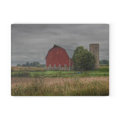 U R There Photography Clifford Road Red and Silo II Rustic Farmhouse Tempered-Glass Cutting Board