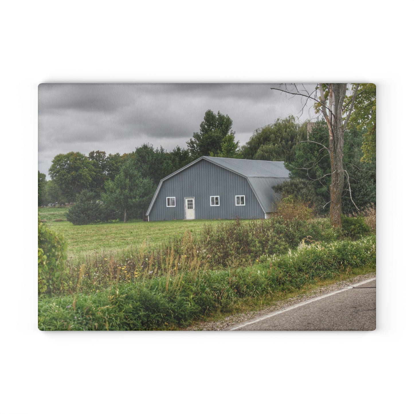 U R There Photography Hinson Road Grey Quonset Rustic Farmhouse Tempered-Glass Cutting Board