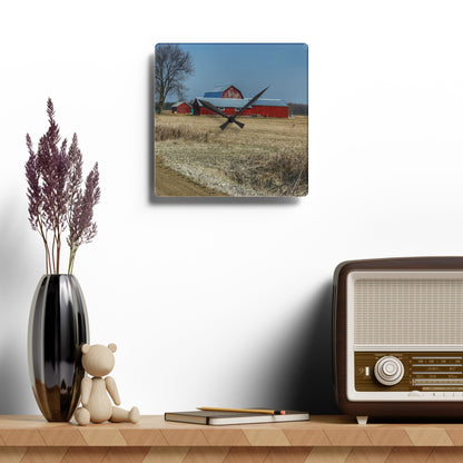 U R There Photography Romeo Plank Road Reds II Rustic Farmhouse Acrylic Analog Wall Clock