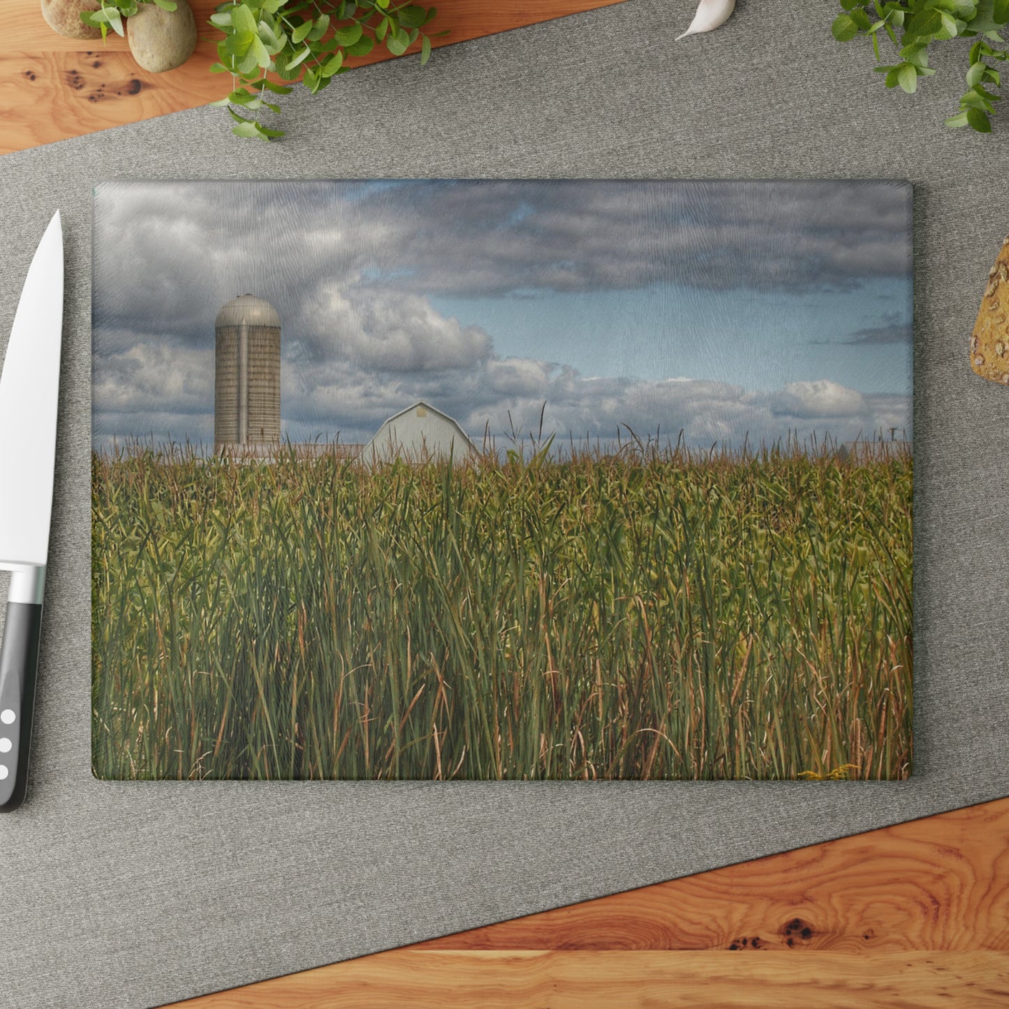 Barn Boutique Rustic Tempered-Glass Cutting Board| Overlooking a Corn Field