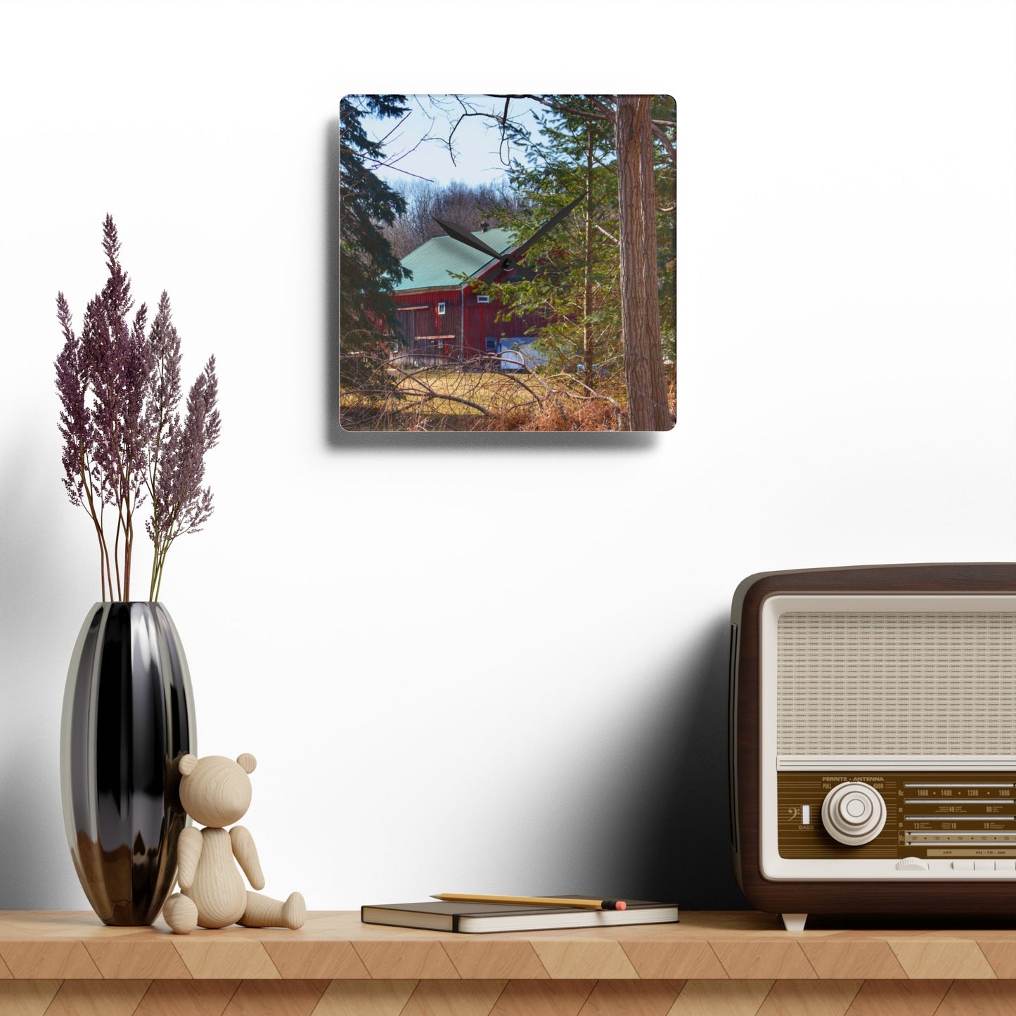 U R There Photography Bordman Road Hidden Red Rustic Farmhouse Acrylic Analog Wall Clock
