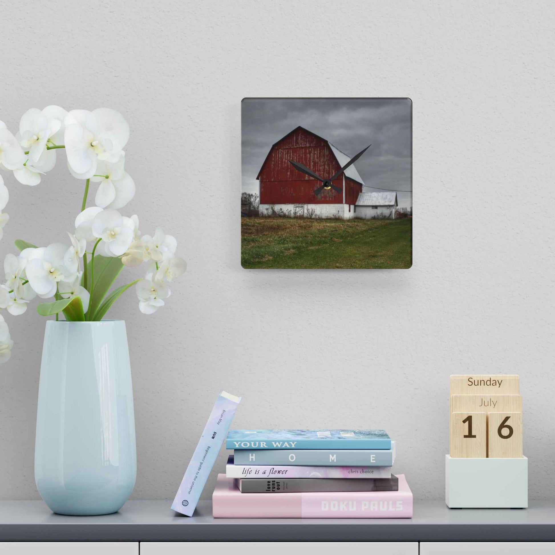 U R There Photography Mills Road Red I Rustic Farmhouse Acrylic Analog Wall Clock