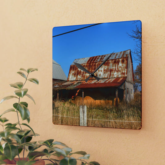 U R There Photography Dodge Road Hay Barn II Rustic Farmhouse Acrylic Analog Wall Clock