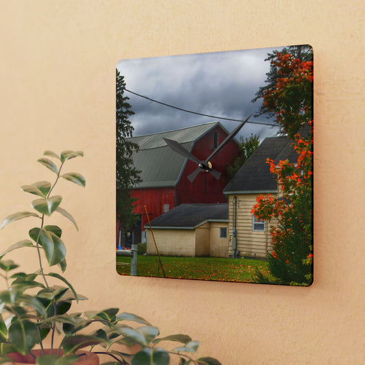 U R There Photography Farnsworth Road Red II Rustic Farmhouse Acrylic Analog Wall Clock