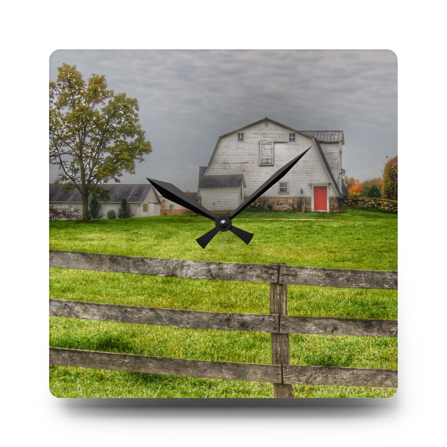 U R There Photography Hill Road Hillside White Rustic Farmhouse Acrylic Analog Wall Clock