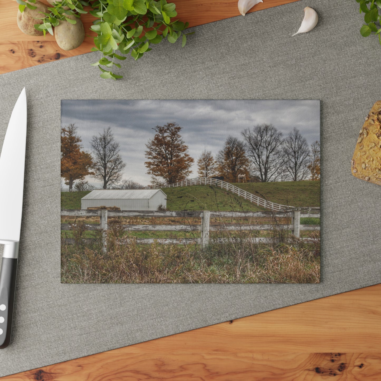 U R There Photography Millville Road Horses on the Hill Rustic Farmhouse Tempered-Glass Cutting Board