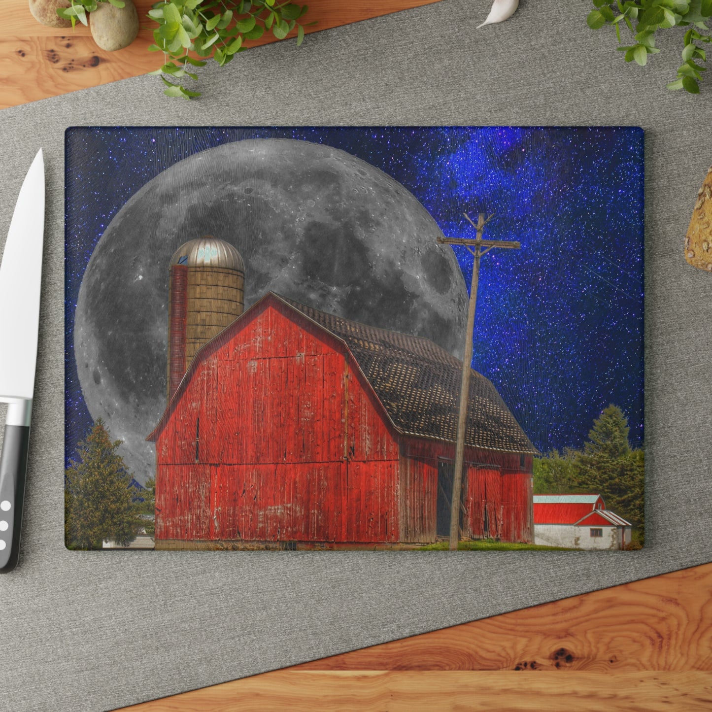 U R There Photography Moon over Hollenbeck Rustic Farmhouse Tempered-Glass Cutting Board