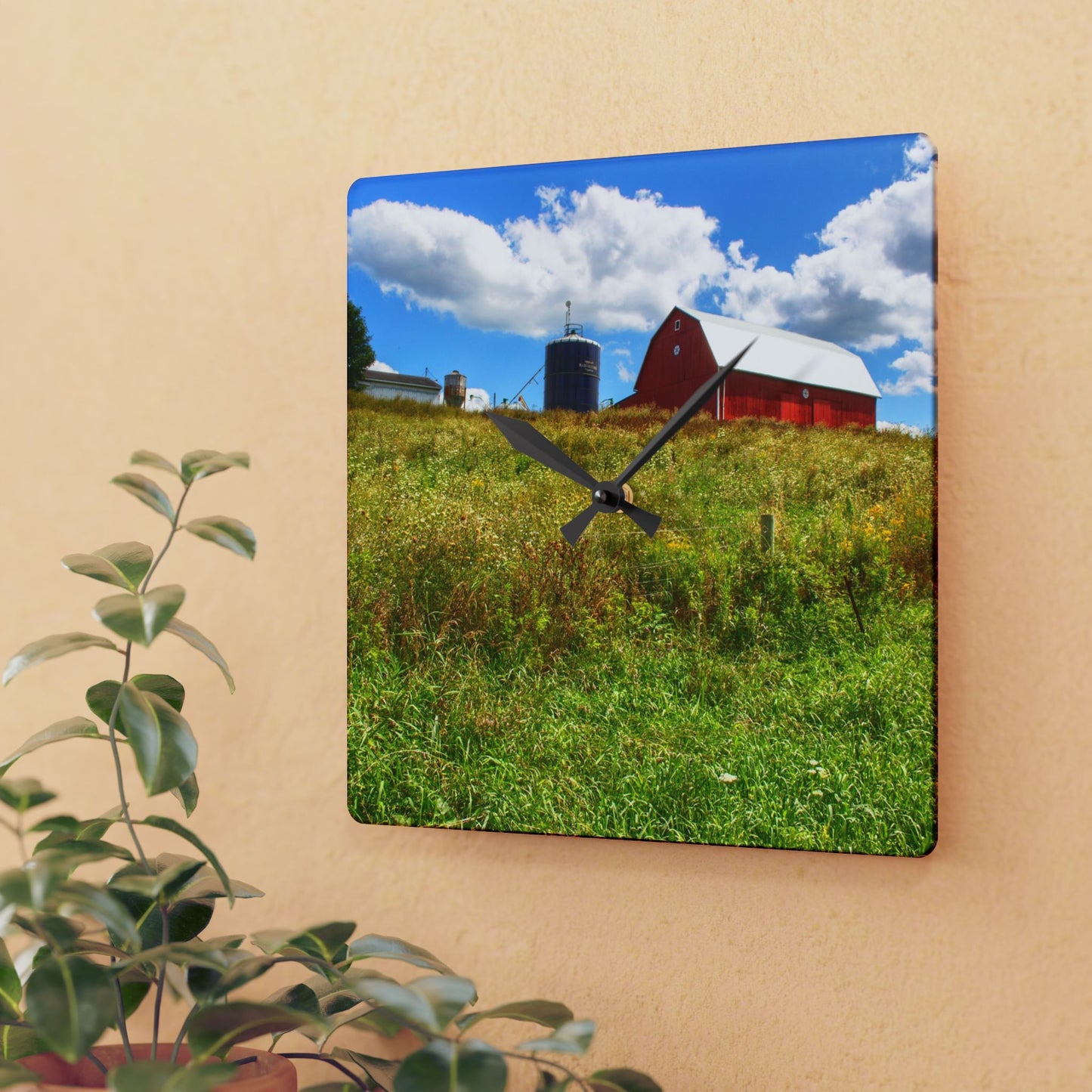 U R There Photography South Henderson Road Hilltop Red I Rustic Farmhouse Acrylic Analog Wall Clock 10.75'' × 10.75'' (Square)