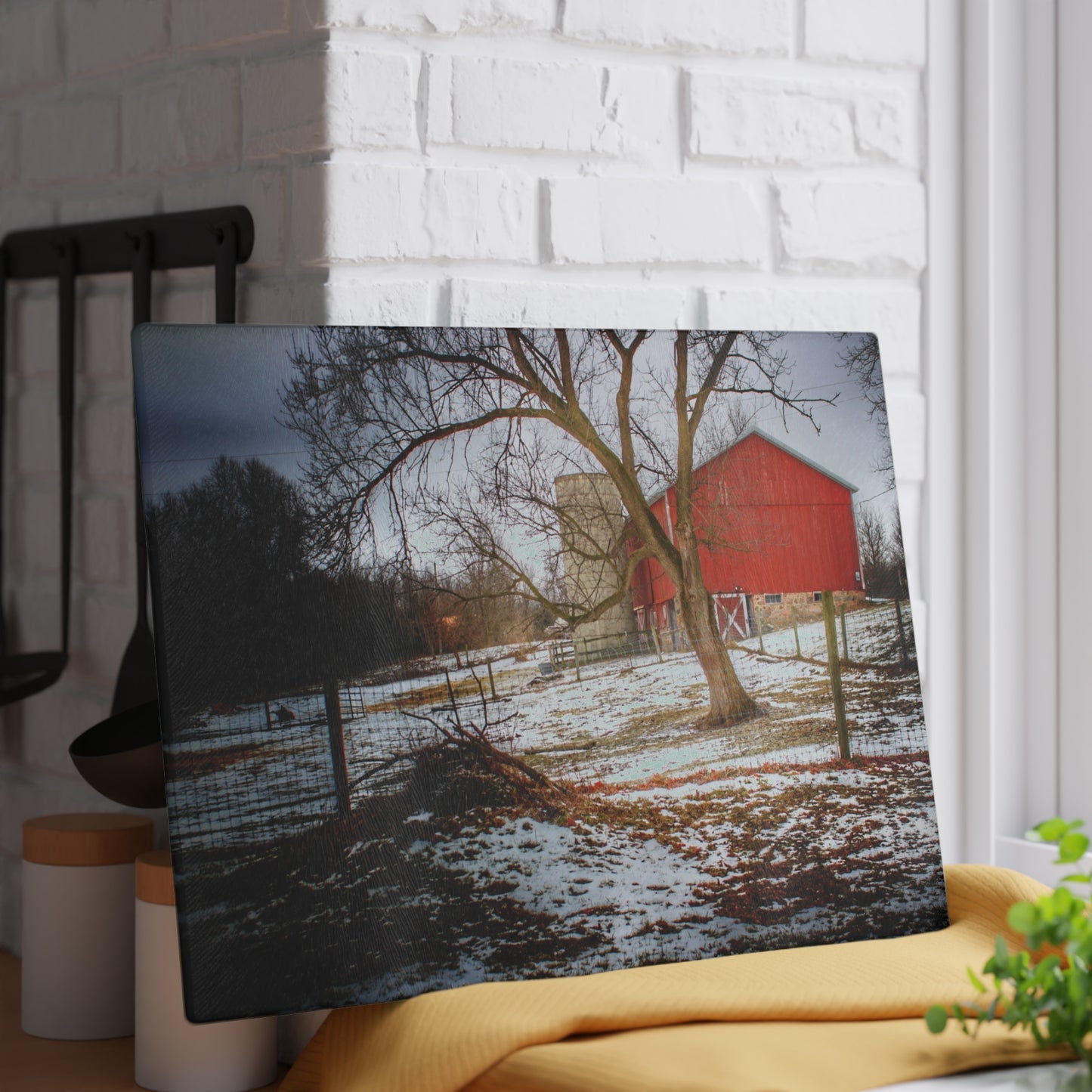 U R There Photography LeValley Road Red and Silo Rustic Farmhouse Tempered-Glass Cutting Board