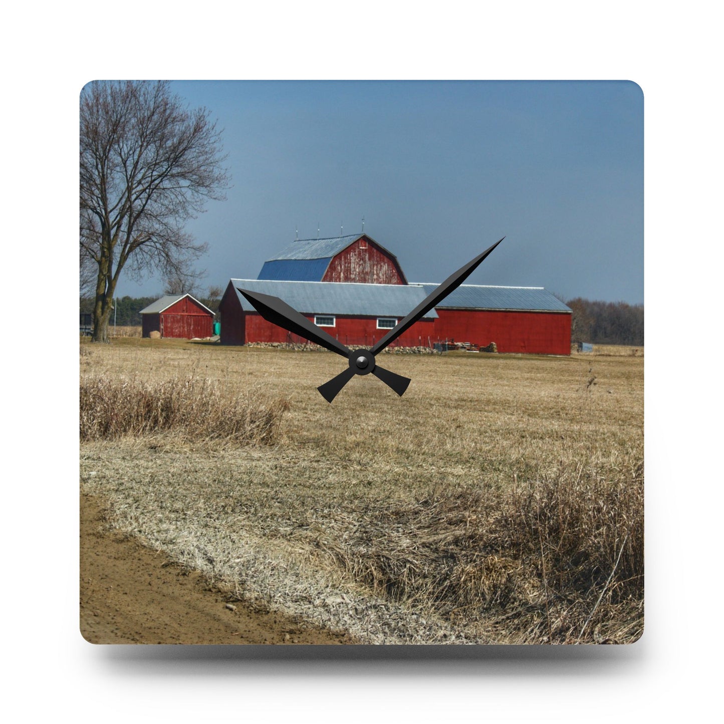 U R There Photography Romeo Plank Road Reds II Rustic Farmhouse Acrylic Analog Wall Clock