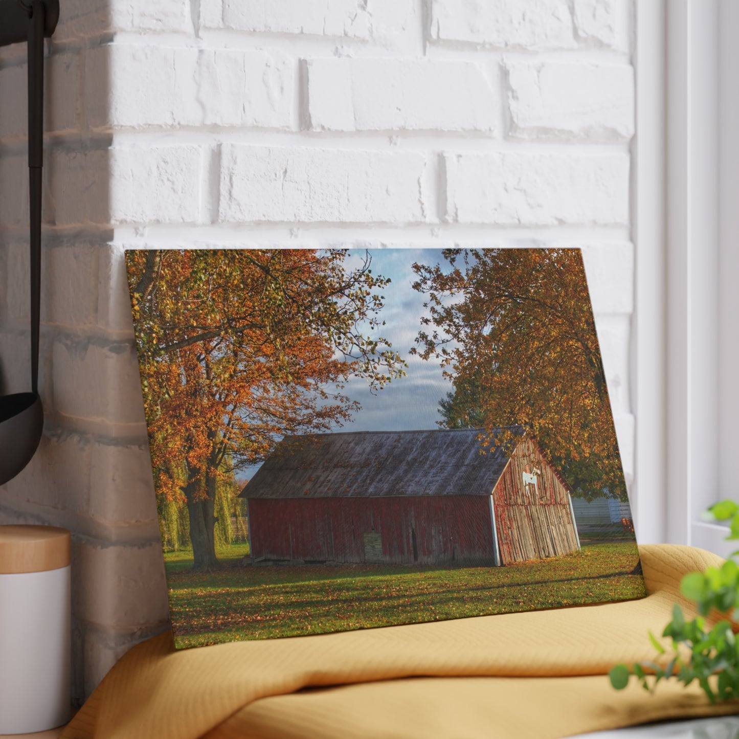 U R There Photography Marlette Road Fall Red Rustic Farmhouse Tempered-Glass Cutting Board