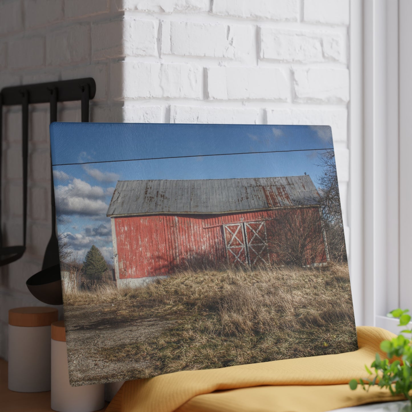 U R There Photography Lapeer Road Crooked Red Rustic Farmhouse Tempered-Glass Cutting Board