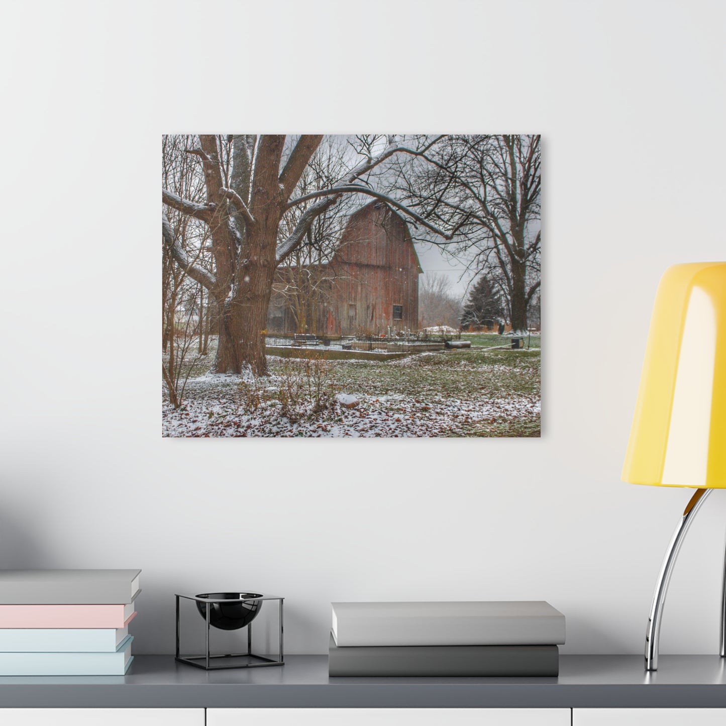 U R There Photography Bishop Road Winter Red Rustic Farmhouse Acrylic Wall Print