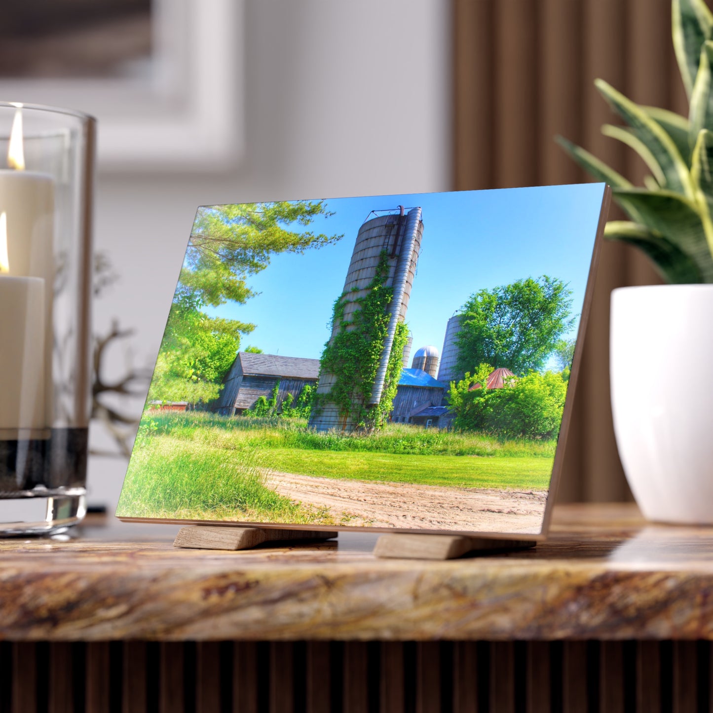 U R There Photography Bordman Road Old Grey and Silo II Rustic Farmhouse Decorative Ceramic Tile