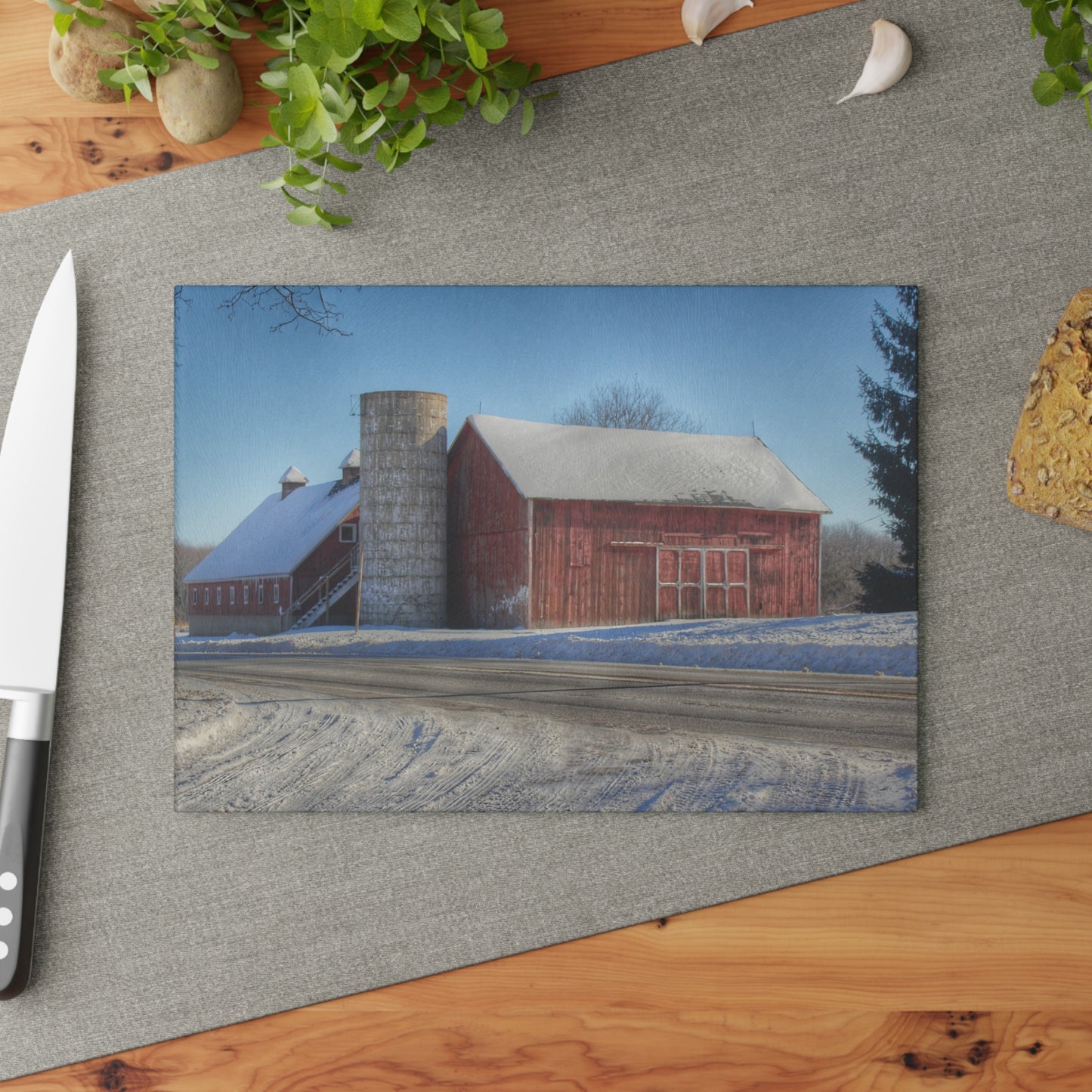 U R There Photography Metamora Red in Winter Rustic Farmhouse Tempered-Glass Cutting Board