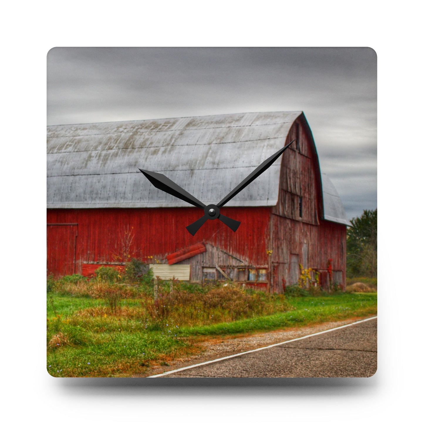 U R There Photography Valentine Road Red Saltbox Rustic Farmhouse Acrylic Analog Wall Clock