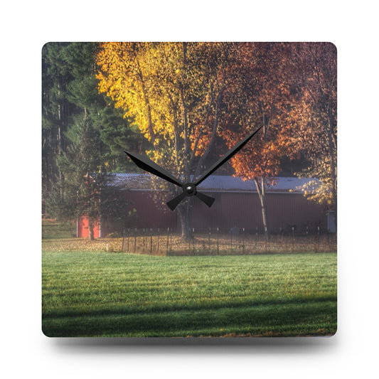 Red Barn on Foggy Fall Morning Rustic Farmhouse Acrylic Analog Wall Clock 10.75'' × 10.75'' (Square)