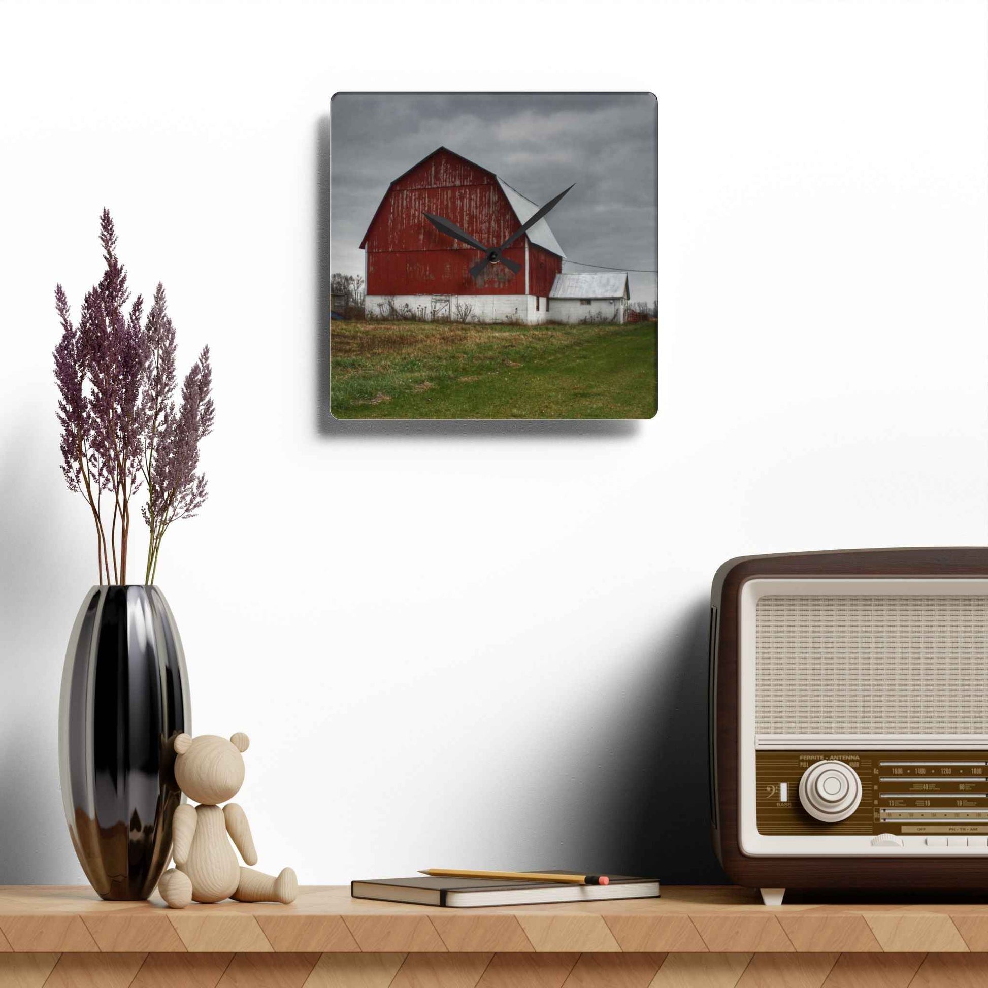 U R There Photography Mills Road Red I Rustic Farmhouse Acrylic Analog Wall Clock