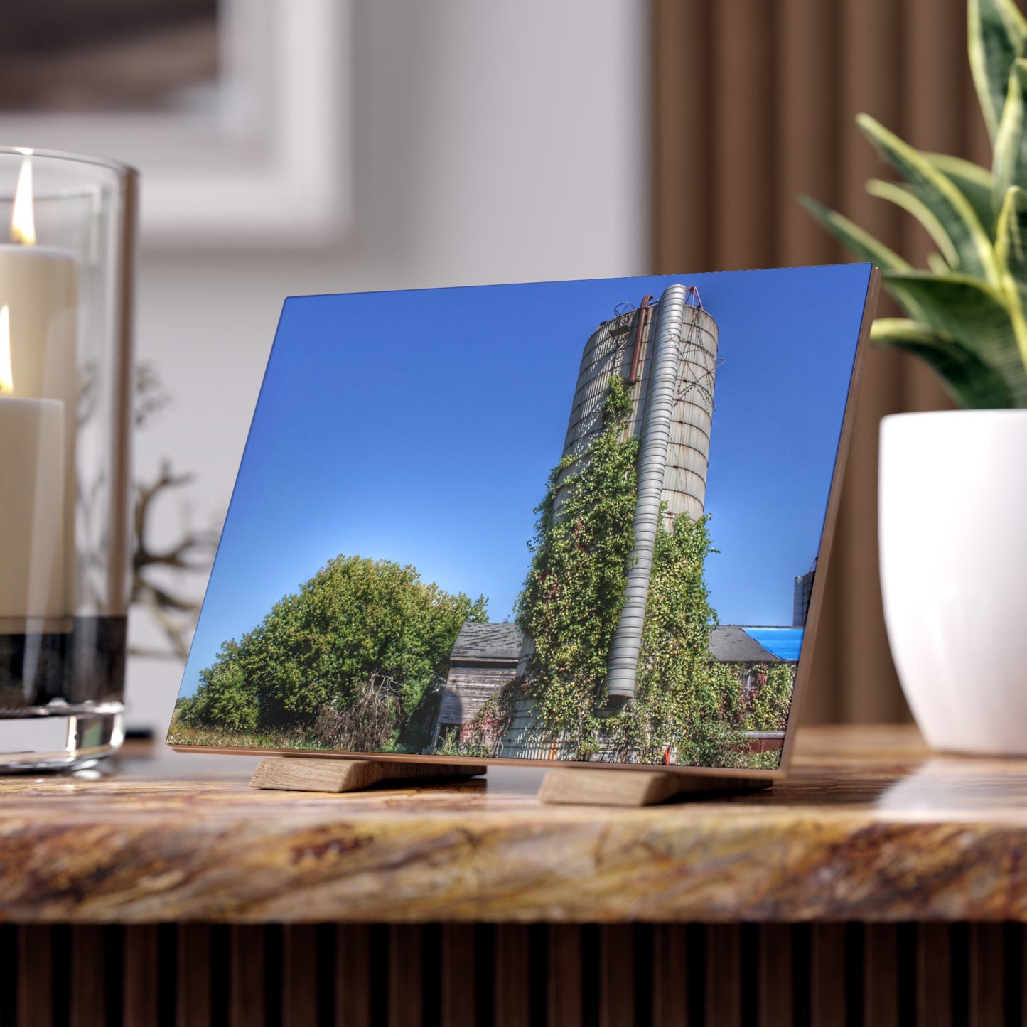 U R There Photography Bordman Road Old Grey and Silo I Rustic Farmhouse Decorative Ceramic Tile