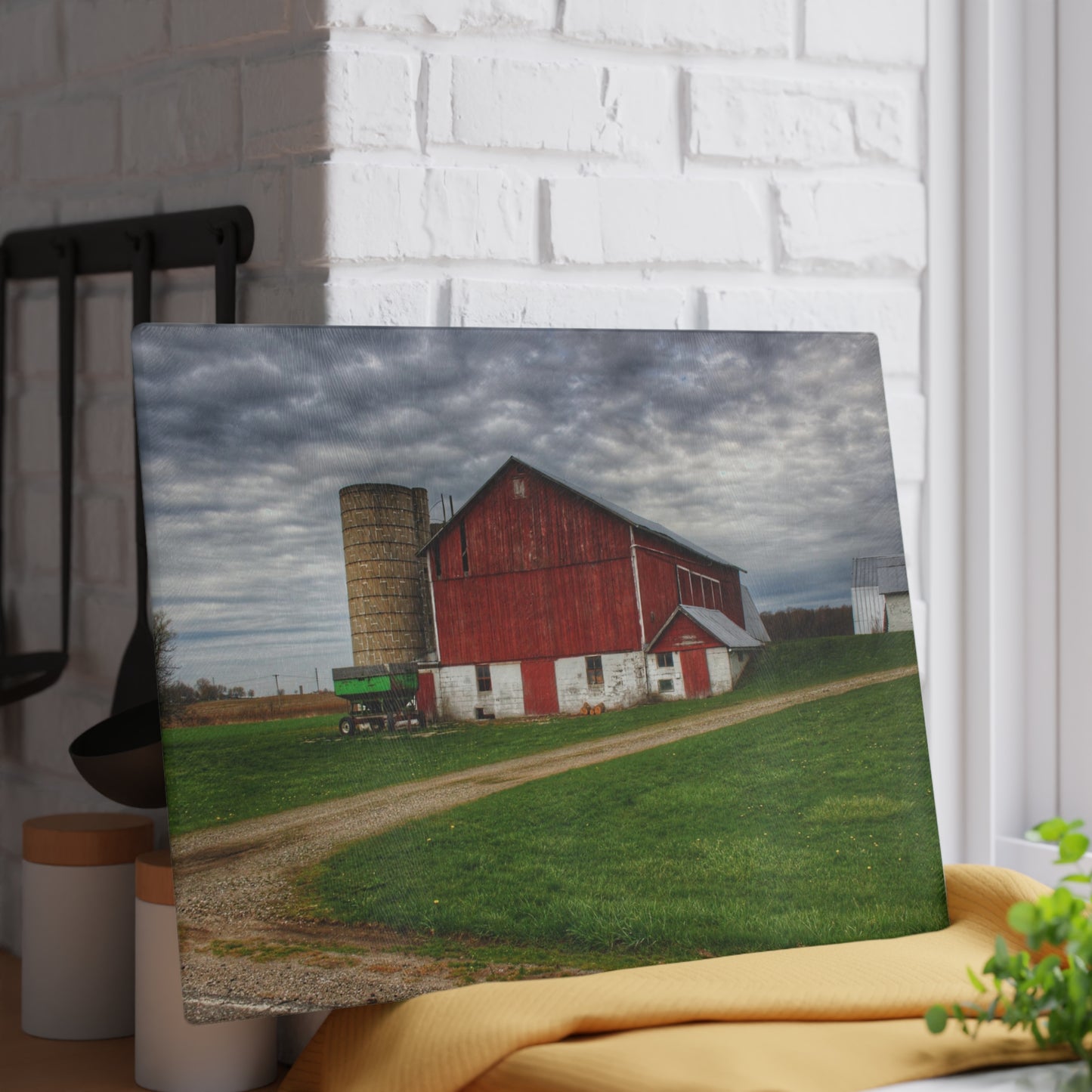 U R There Photography Fostoria Red II Rustic Farmhouse Tempered-Glass Cutting Board