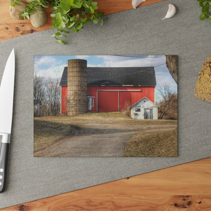 U R There Photography Mayville Road Red and Silo Rustic Farmhouse Tempered-Glass Cutting Board