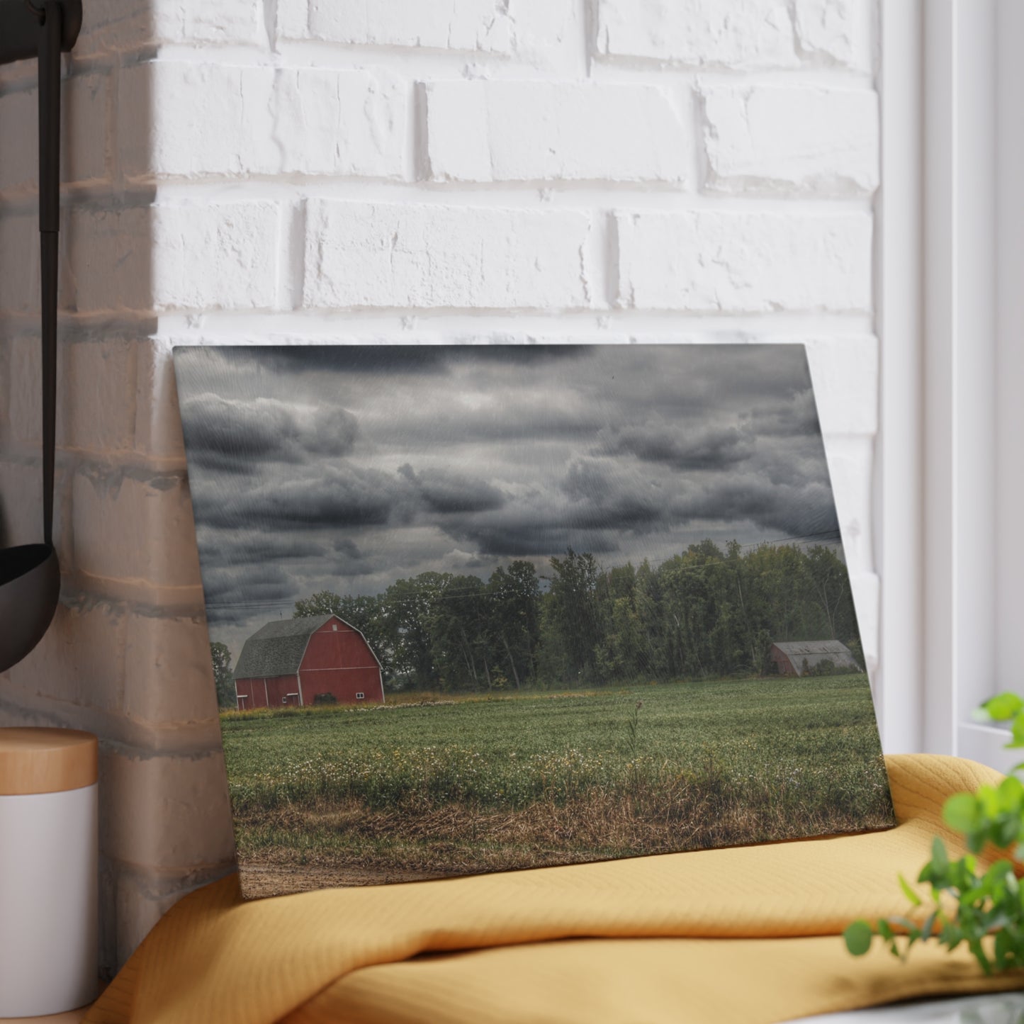 U R There Photography Weyer Road Red and Quonset Rustic Farmhouse Tempered-Glass Cutting Board