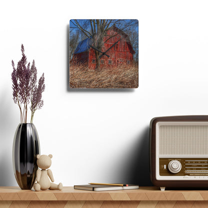 U R There Photography East Dodge Road Red Rustic Farmhouse Acrylic Analog Wall Clock