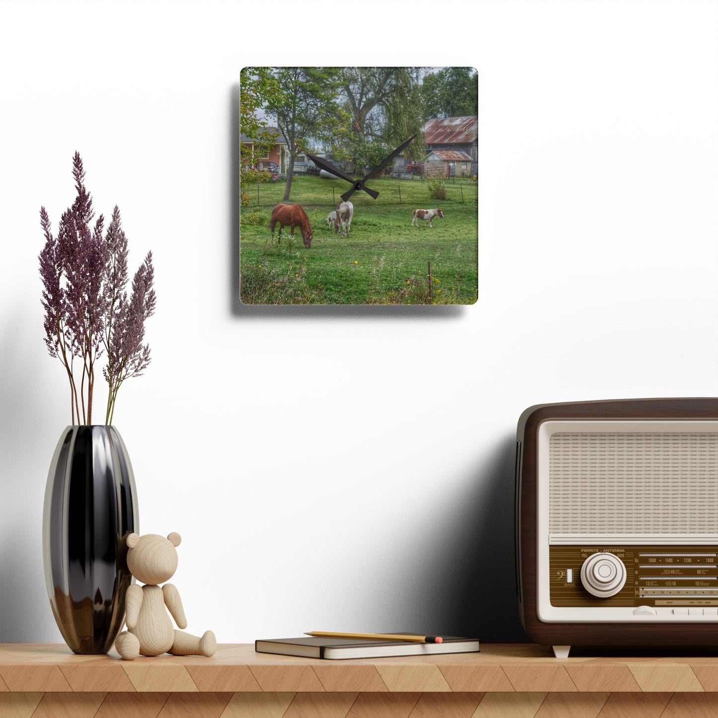 U R There Photography Front Yard Ponies Rustic Farmhouse Acrylic Analog Wall Clock