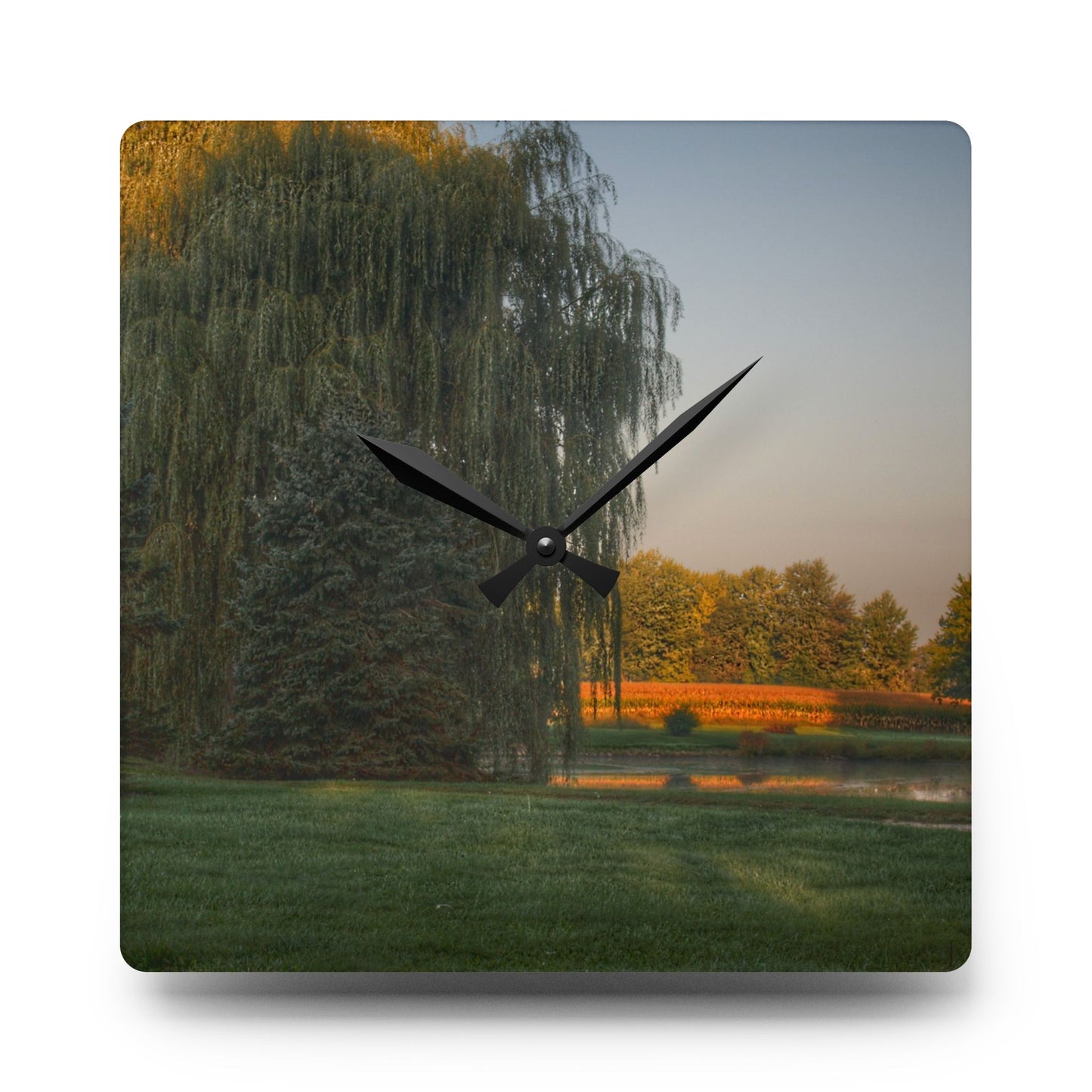 U R There Photography Sunrise on Willow Pond I Rustic Farmhouse Acrylic Analog Wall Clock